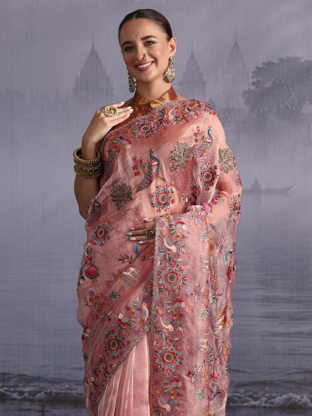  Libas Art Peach Pink Ethnic Embroidered Stone Work Tissue Saree 