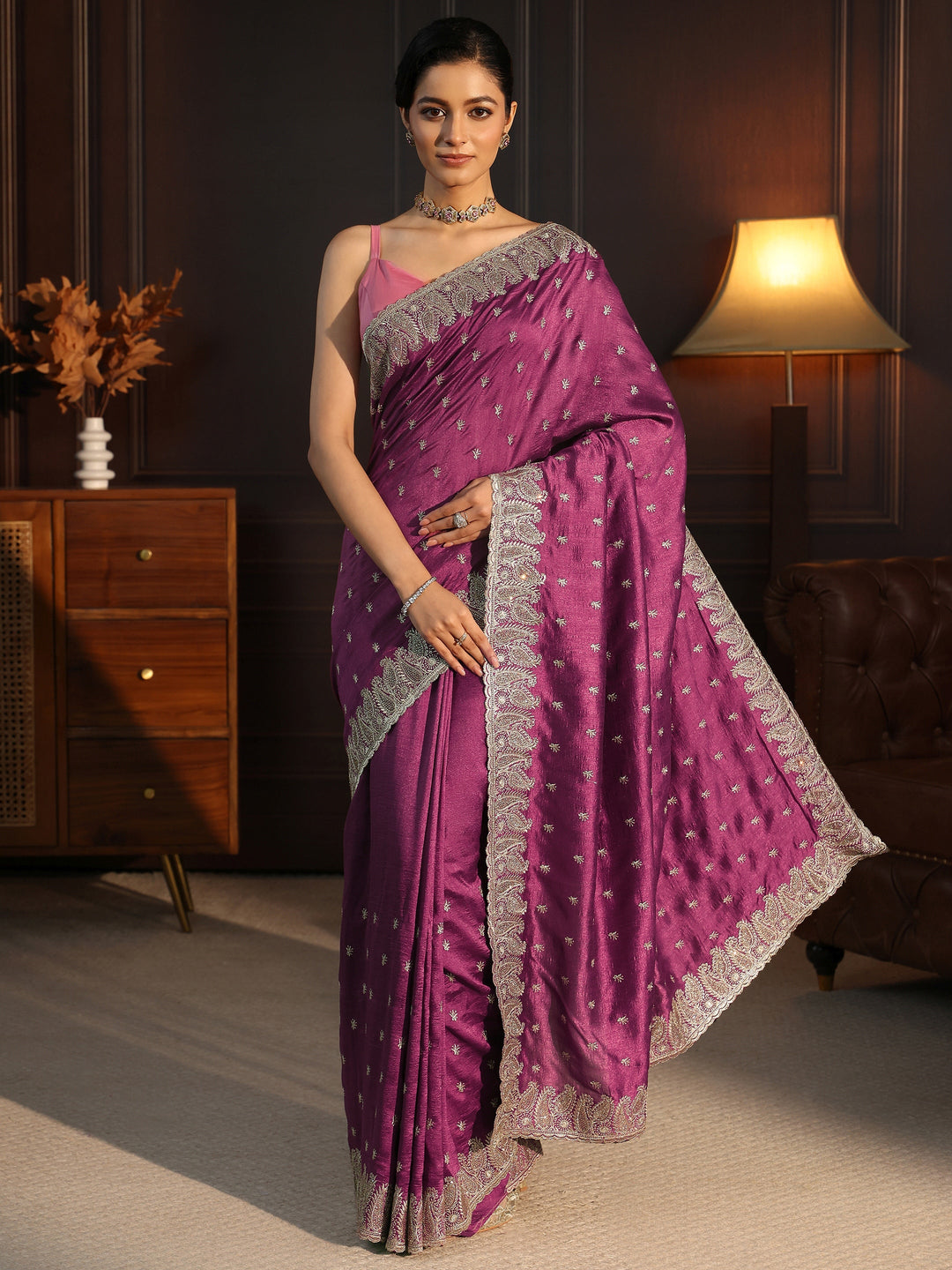  Libas Mauve Embroidered Silk Blend Saree With Paisley Border 