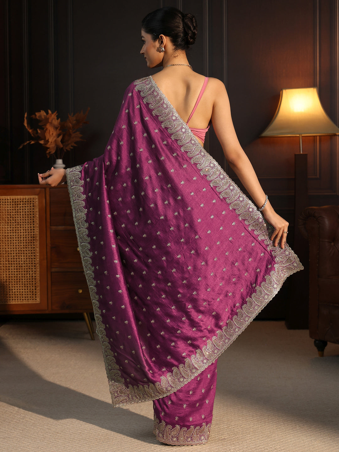  Libas Mauve Embroidered Silk Blend Saree With Paisley Border 