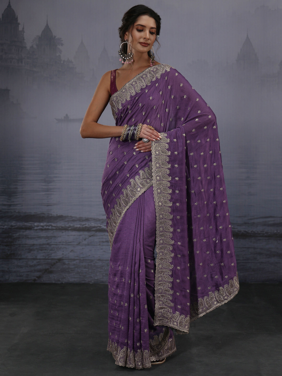  Libas Lavender Embroidered Silk Blend Saree with Paisley Border 