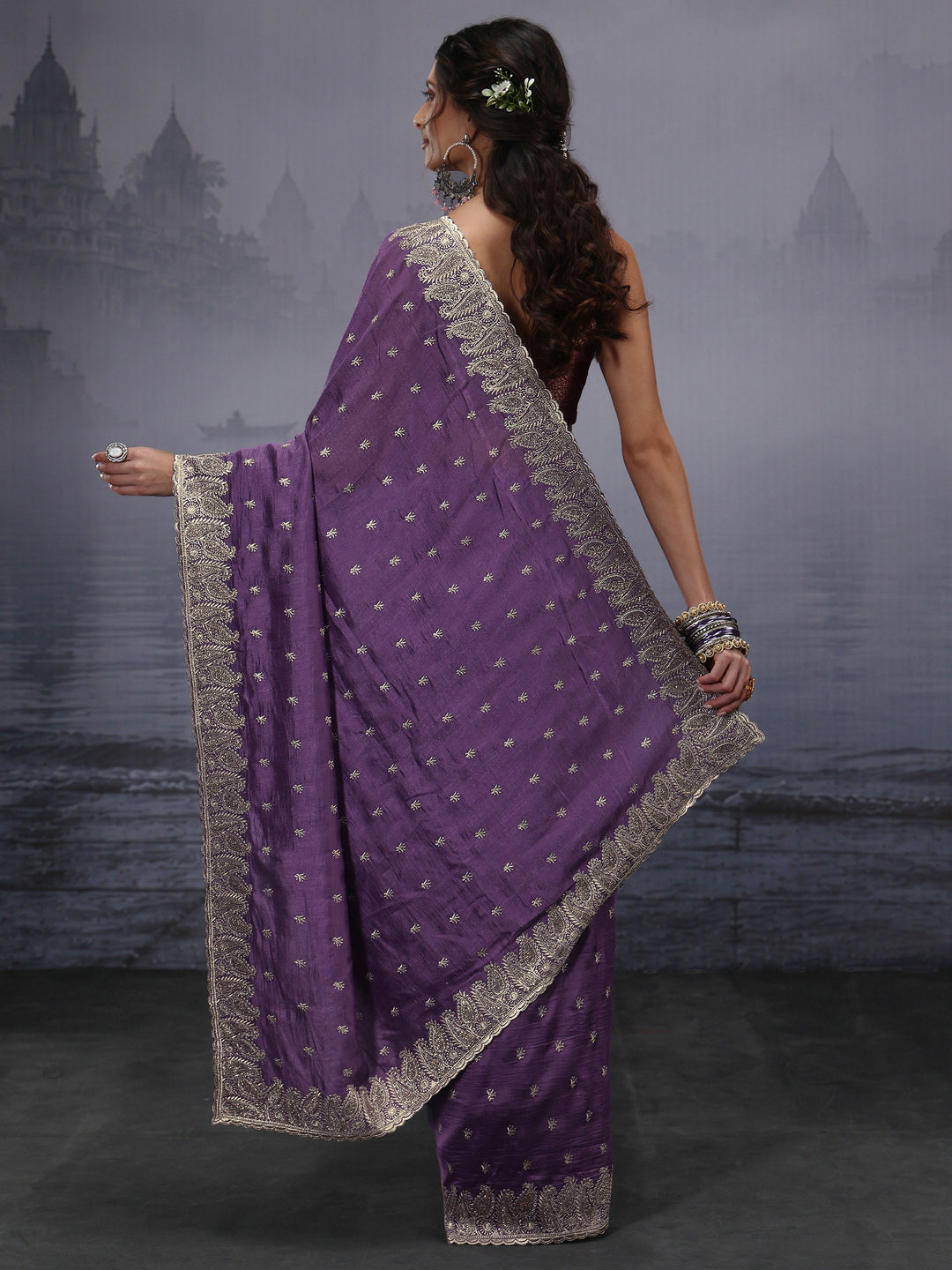  Libas Lavender Embroidered Silk Blend Saree with Paisley Border 