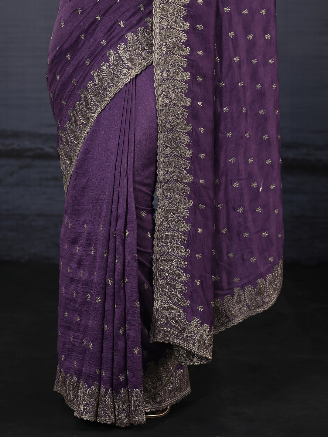  Libas Lavender Embroidered Silk Blend Saree with Paisley Border 