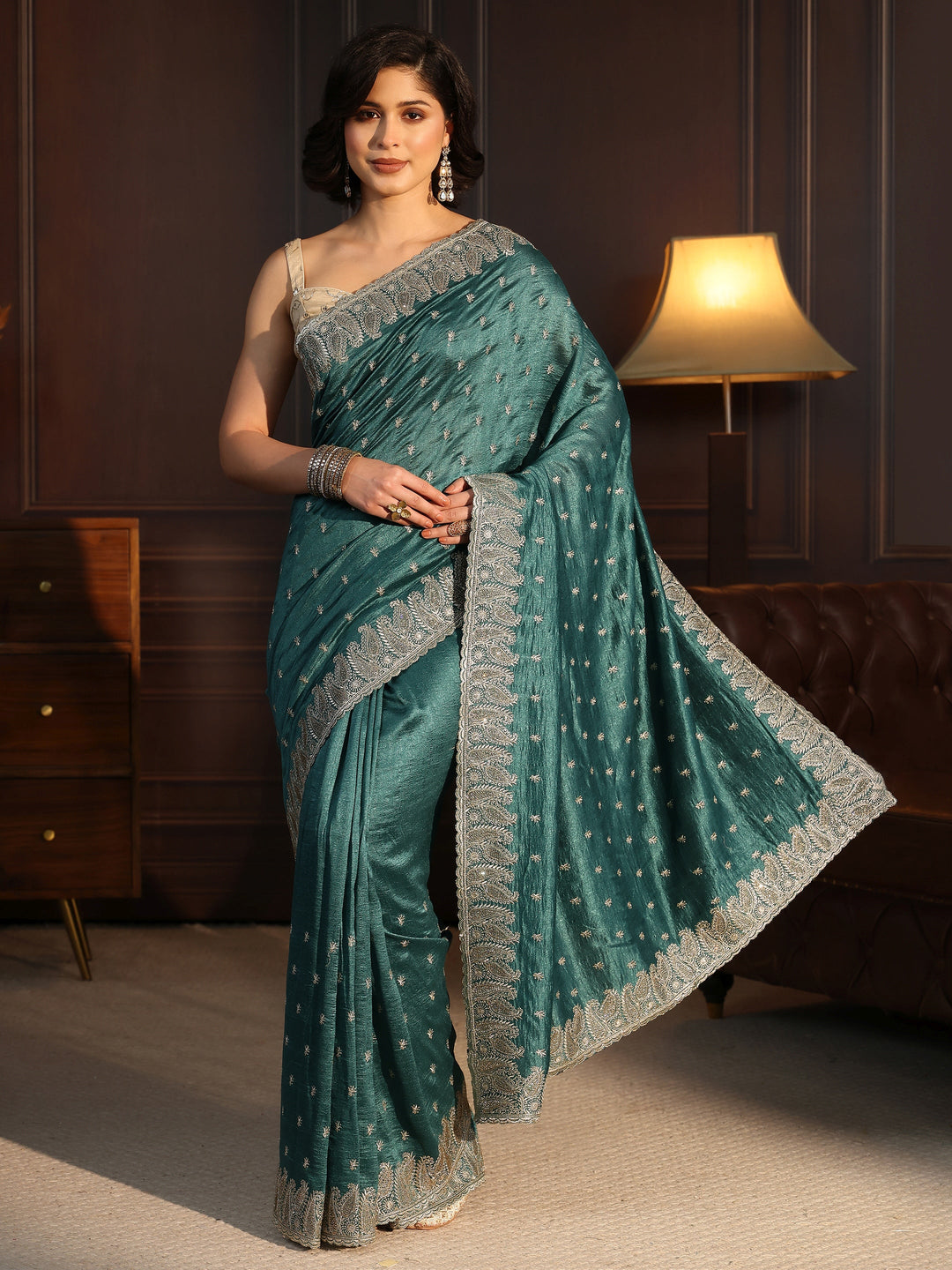  Libas Teal Green Stone Work Embellished Silk Blend Saree 