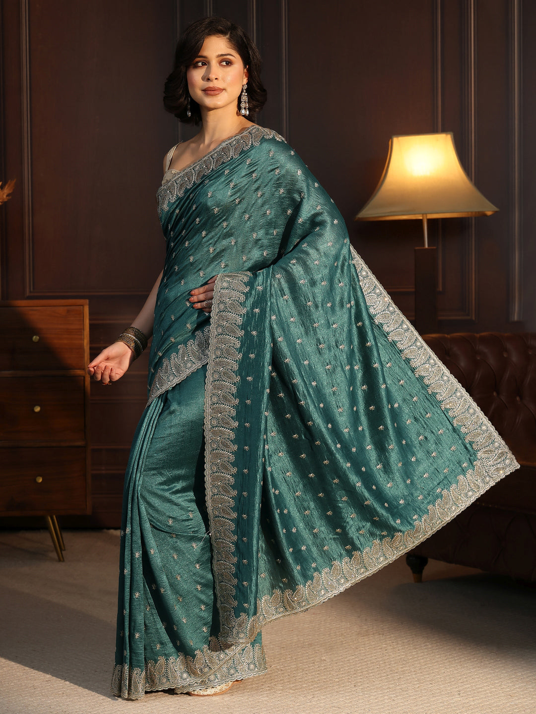  Libas Teal Green Stone Work Embellished Silk Blend Saree 