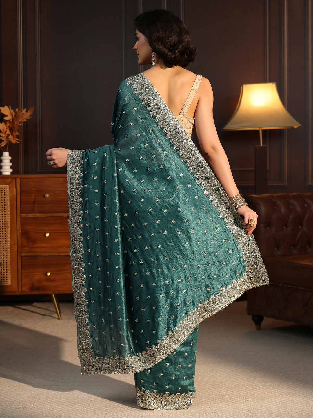  Libas Teal Green Stone Work Embellished Silk Blend Saree 