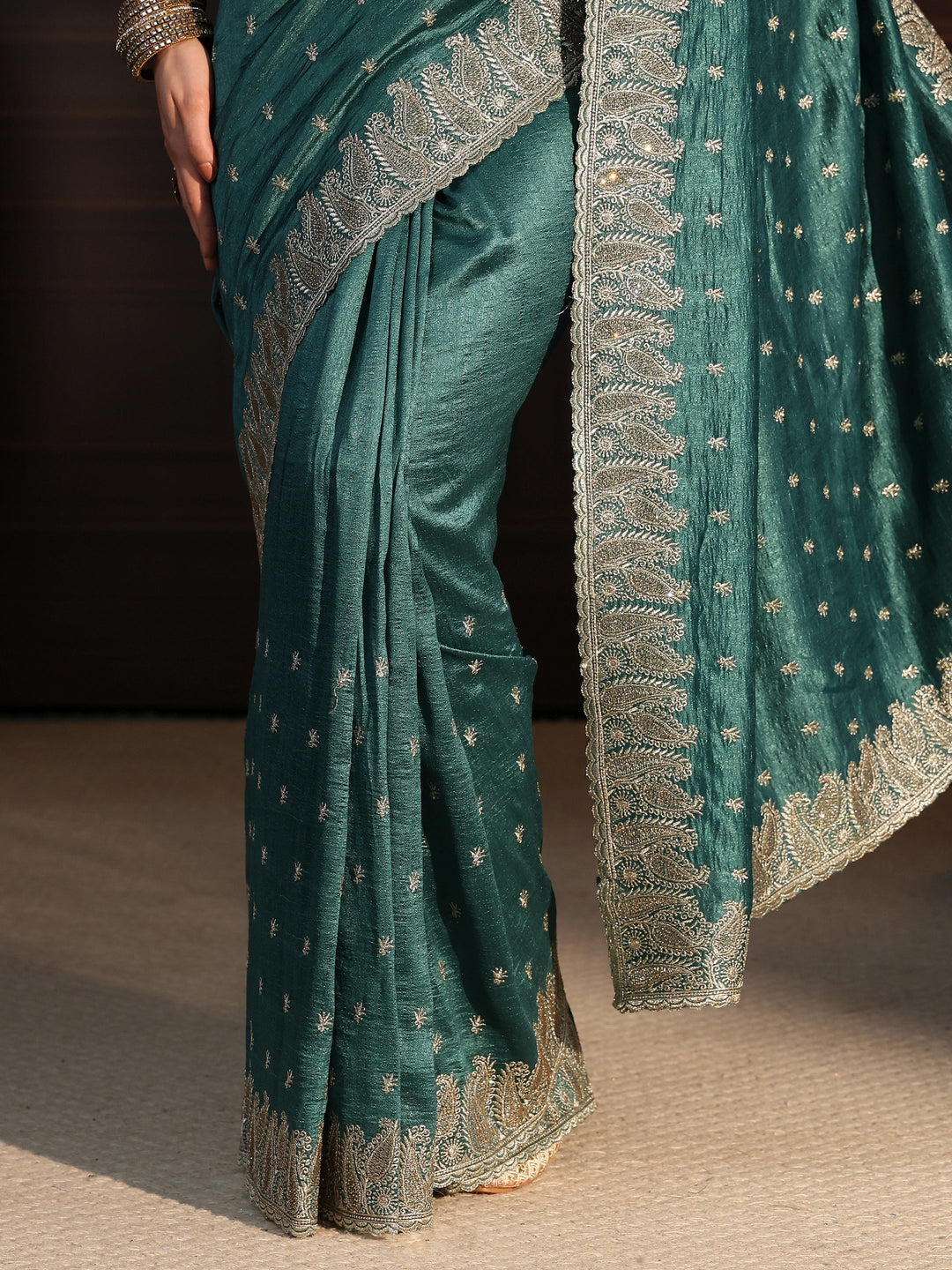  Libas Teal Green Stone Work Embellished Silk Blend Saree 