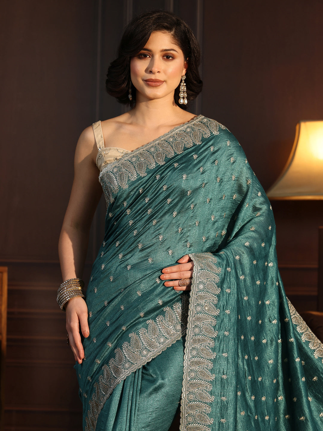  Libas Teal Green Stone Work Embellished Silk Blend Saree 