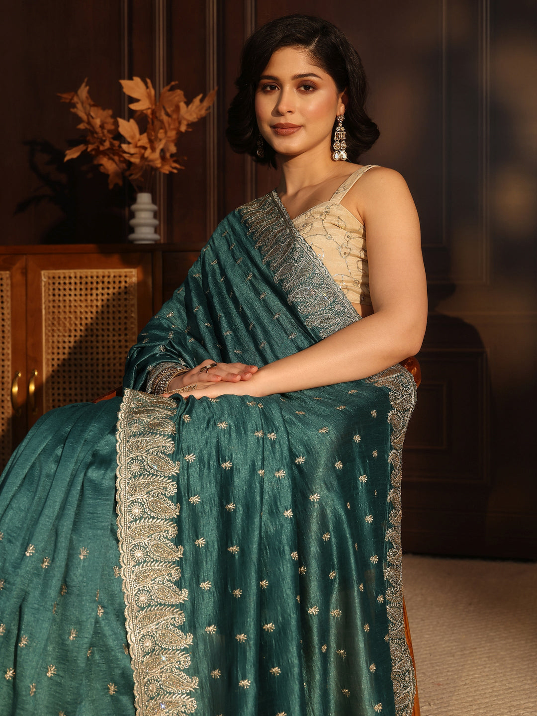  Libas Teal Green Stone Work Embellished Silk Blend Saree 