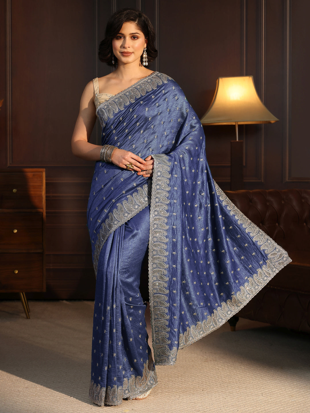  Libas Cobalt Blue Stone Work Embellished Silk Blend Saree 