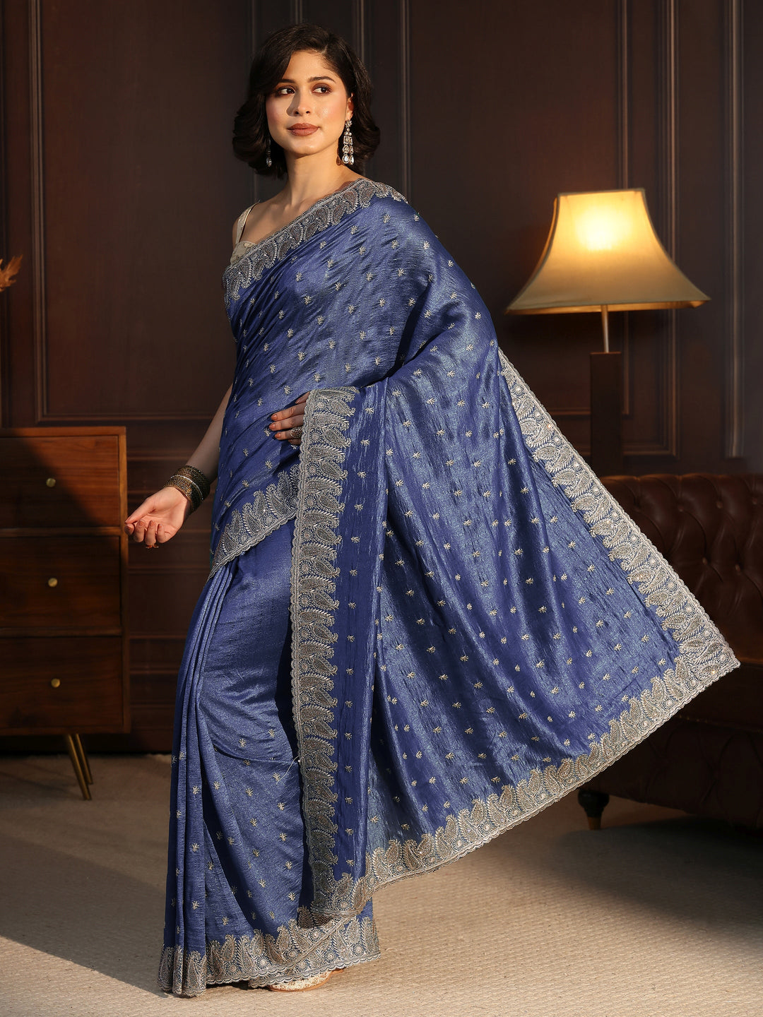  Libas Cobalt Blue Stone Work Embellished Silk Blend Saree 
