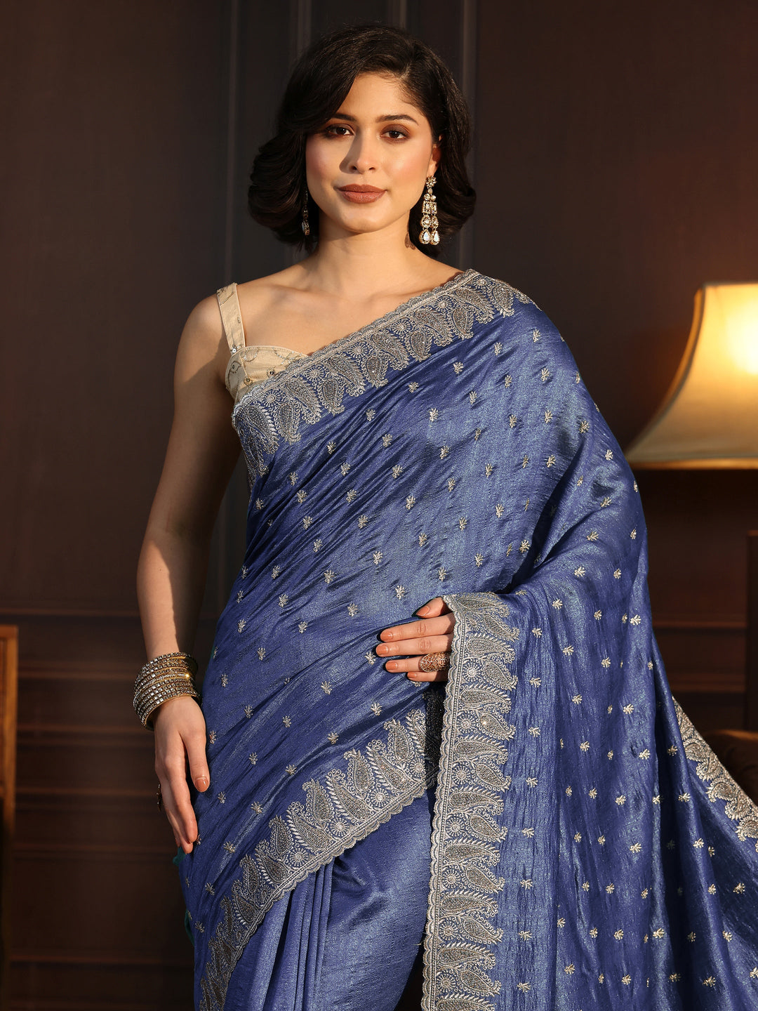  Libas Cobalt Blue Stone Work Embellished Silk Blend Saree 
