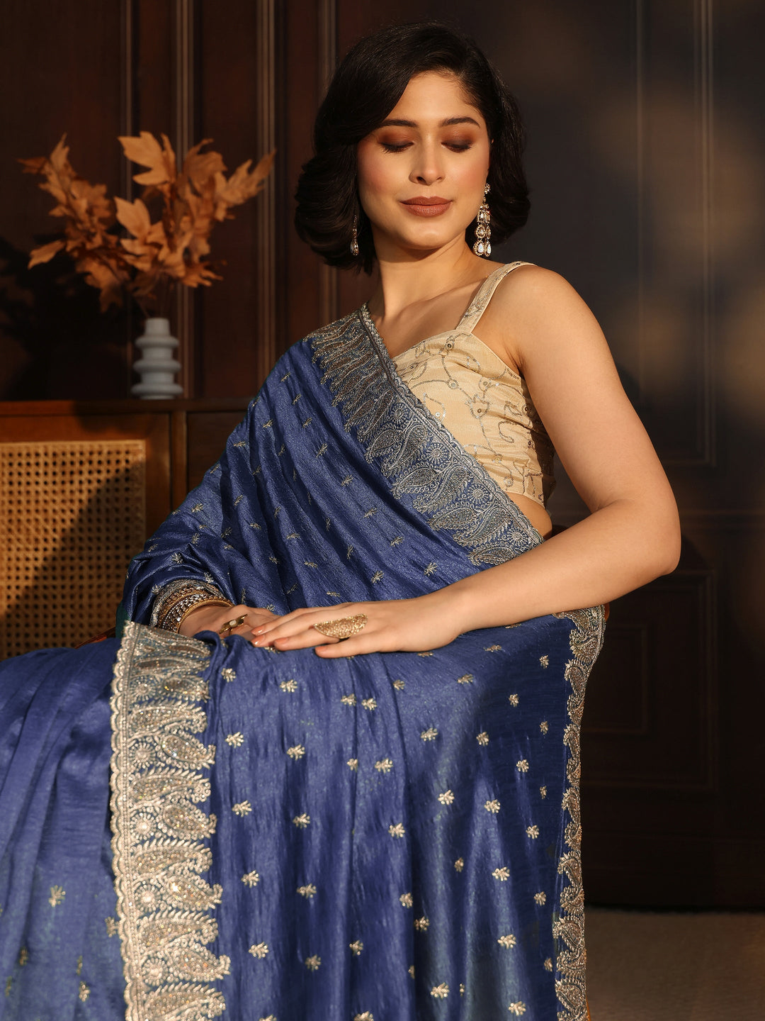  Libas Cobalt Blue Stone Work Embellished Silk Blend Saree 