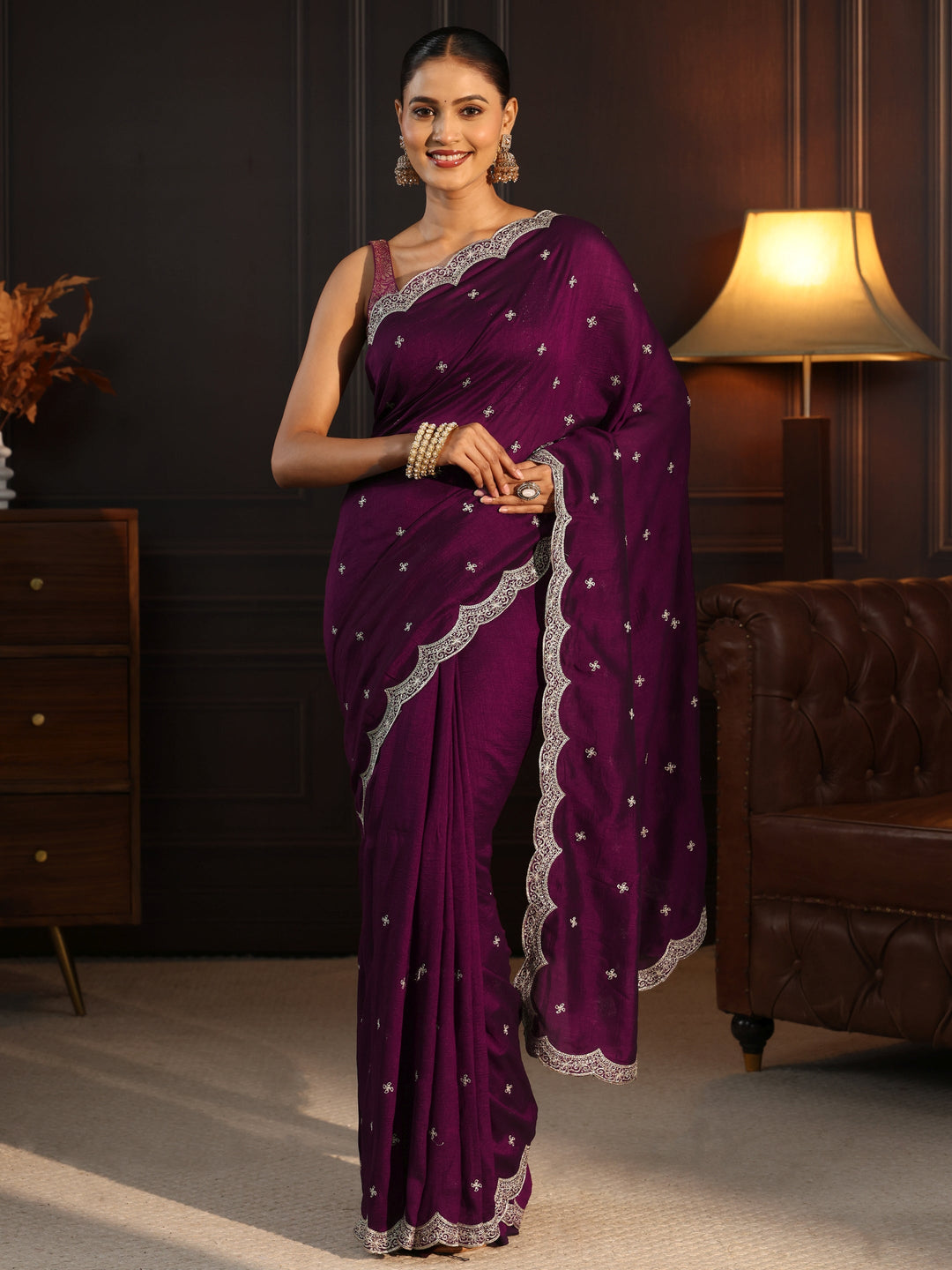  Libas Wine Embellished Scalloped Border Silk Blend Saree 