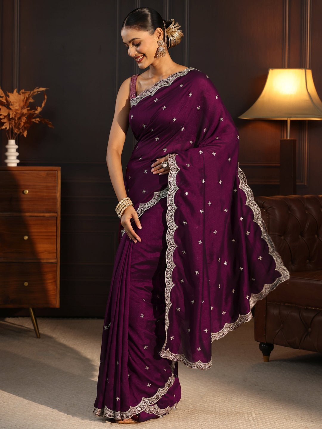  Libas Wine Embellished Scalloped Border Silk Blend Saree 