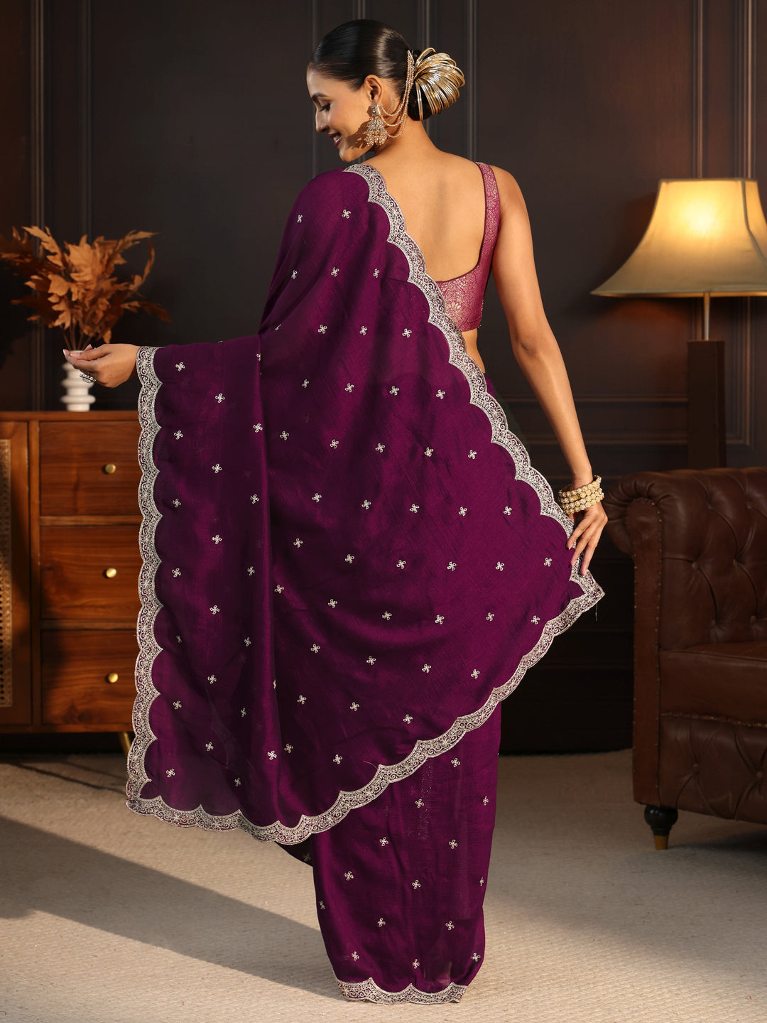  Libas Wine Embellished Scalloped Border Silk Blend Saree 
