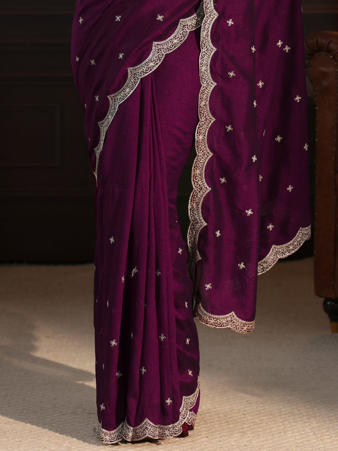  Libas Wine Embellished Scalloped Border Silk Blend Saree 
