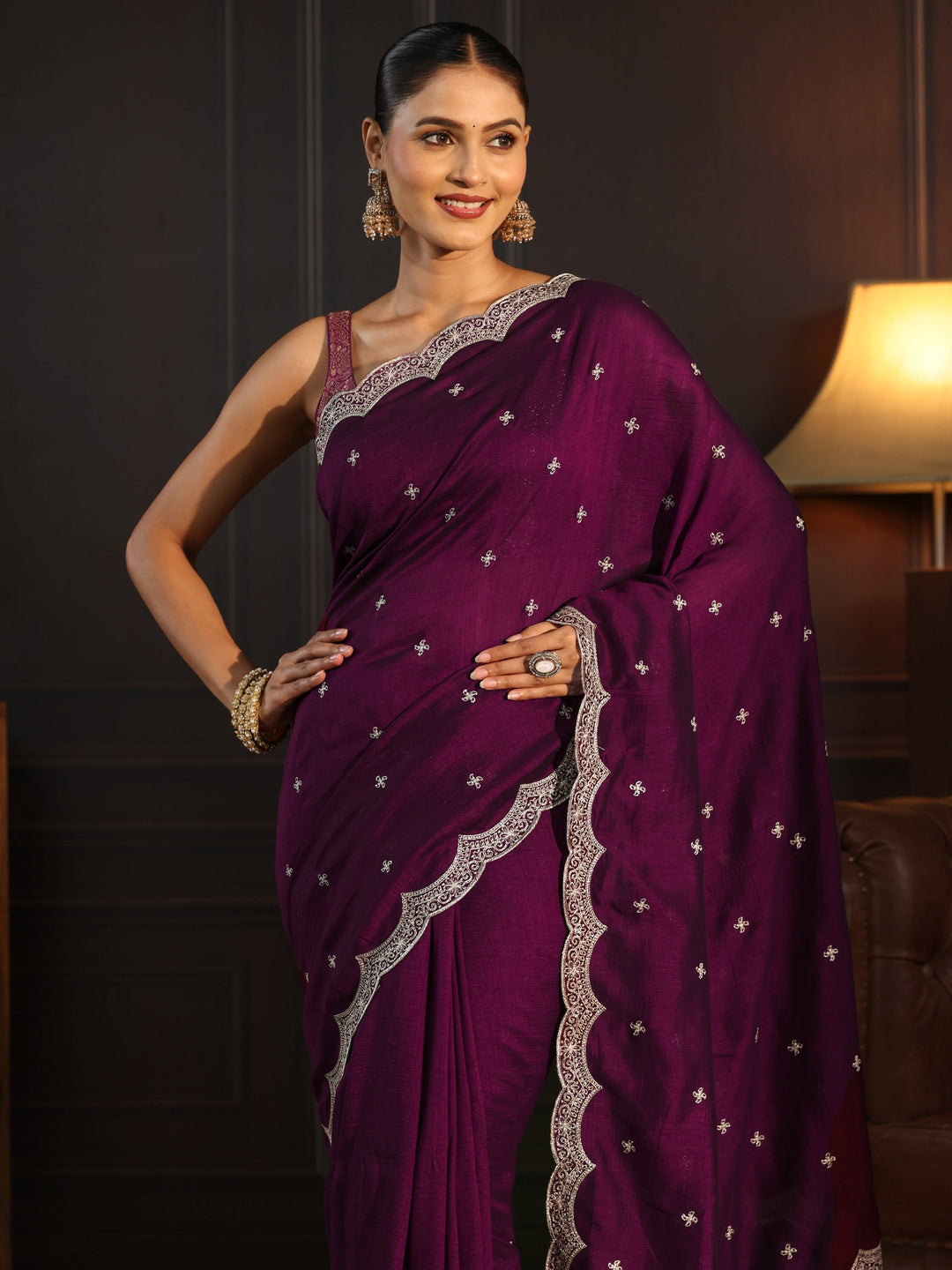  Libas Wine Embellished Scalloped Border Silk Blend Saree 