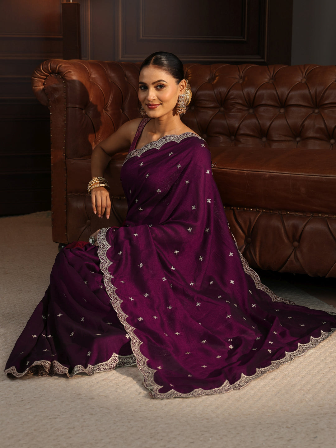  Libas Wine Embellished Scalloped Border Silk Blend Saree 