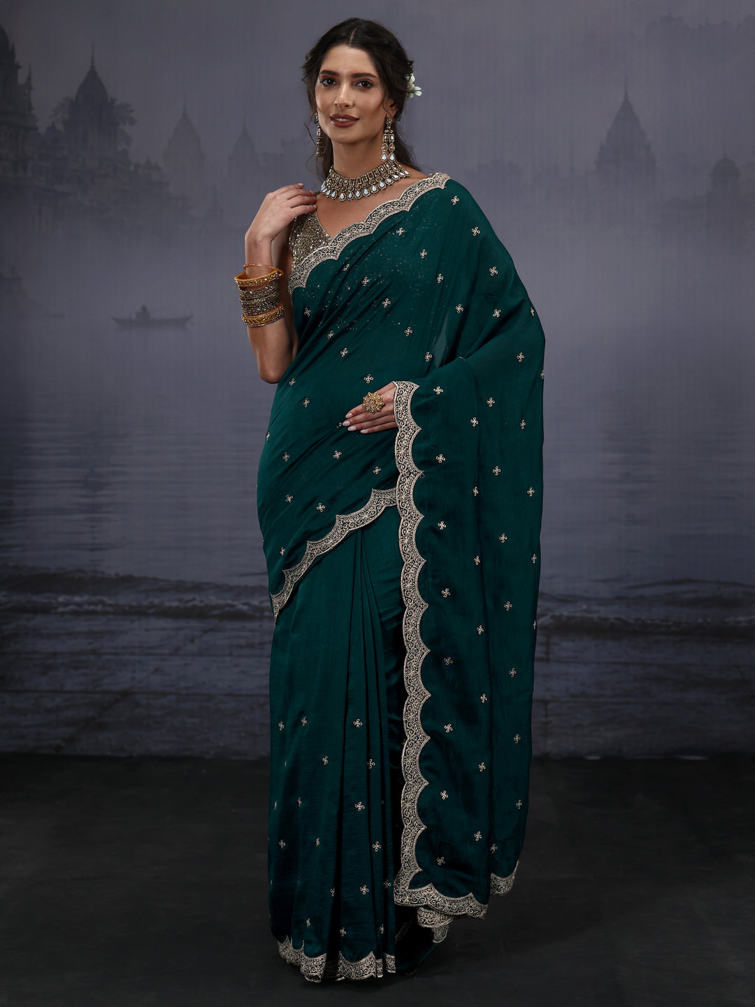  Libas Green Floral Embroidered Silk Blend Saree with Scalloped Border 