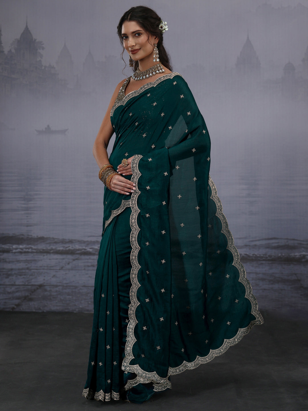  Libas Green Floral Embroidered Silk Blend Saree with Scalloped Border 