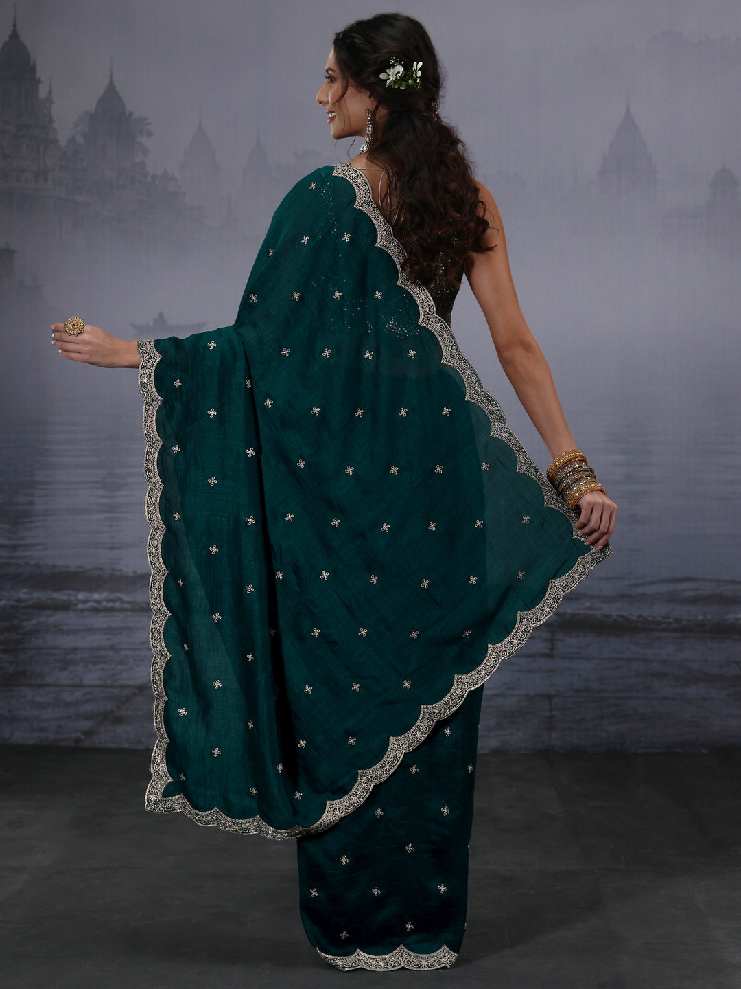  Libas Green Floral Embroidered Silk Blend Saree with Scalloped Border 