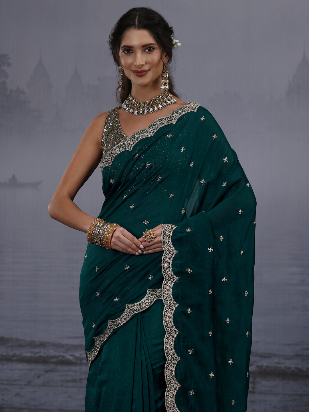  Libas Green Floral Embroidered Silk Blend Saree with Scalloped Border 