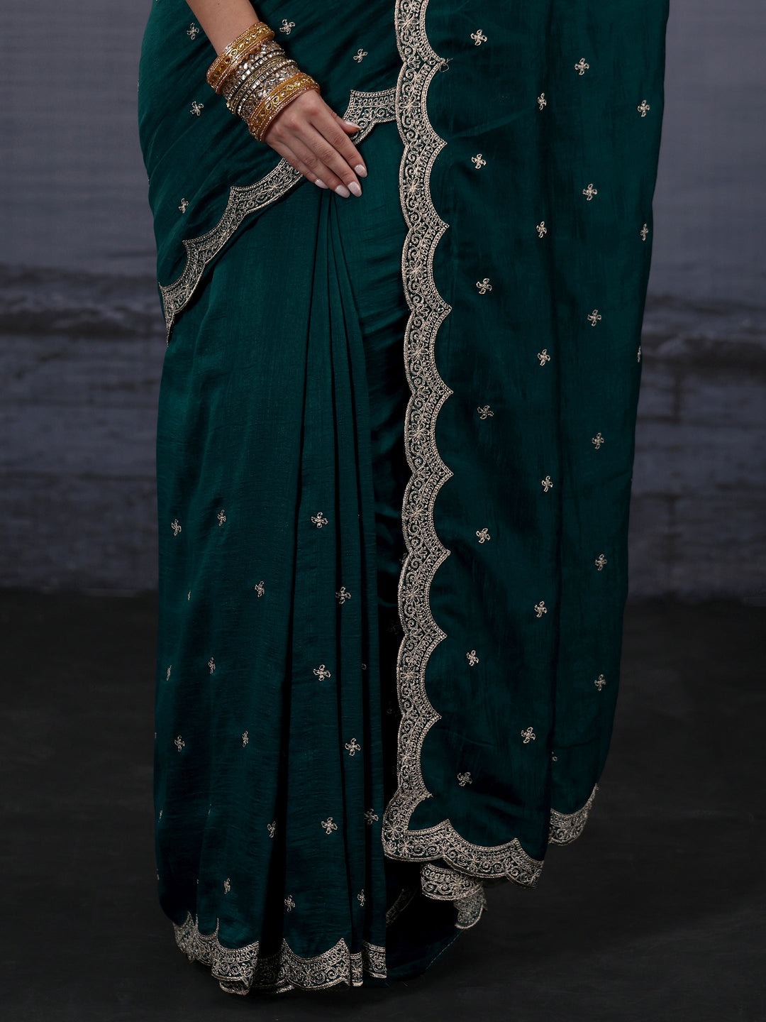  Libas Green Floral Embroidered Silk Blend Saree with Scalloped Border 
