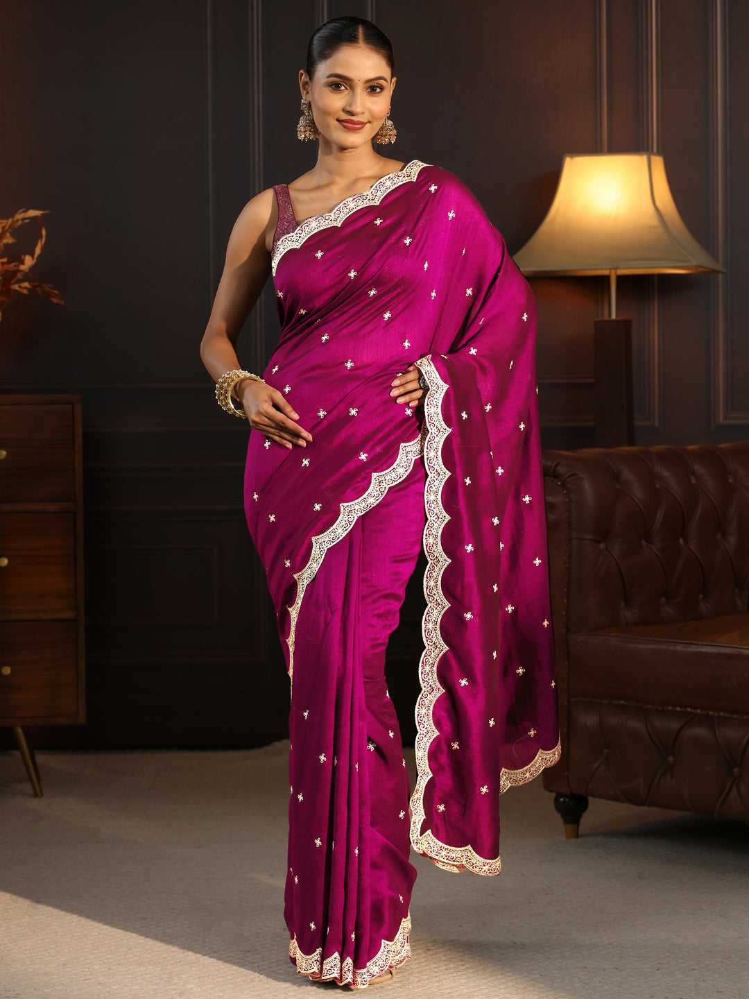  Libas Magenta Pink Embellished Scalloped Border Silk Blend Saree 