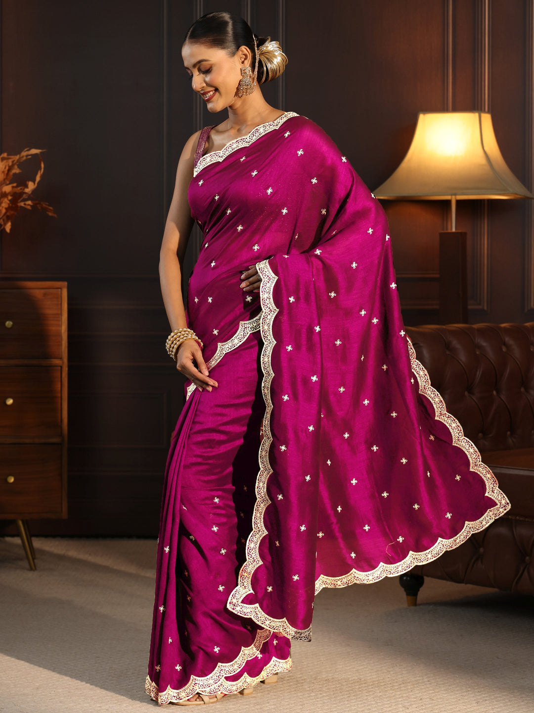  Libas Magenta Pink Embellished Scalloped Border Silk Blend Saree 