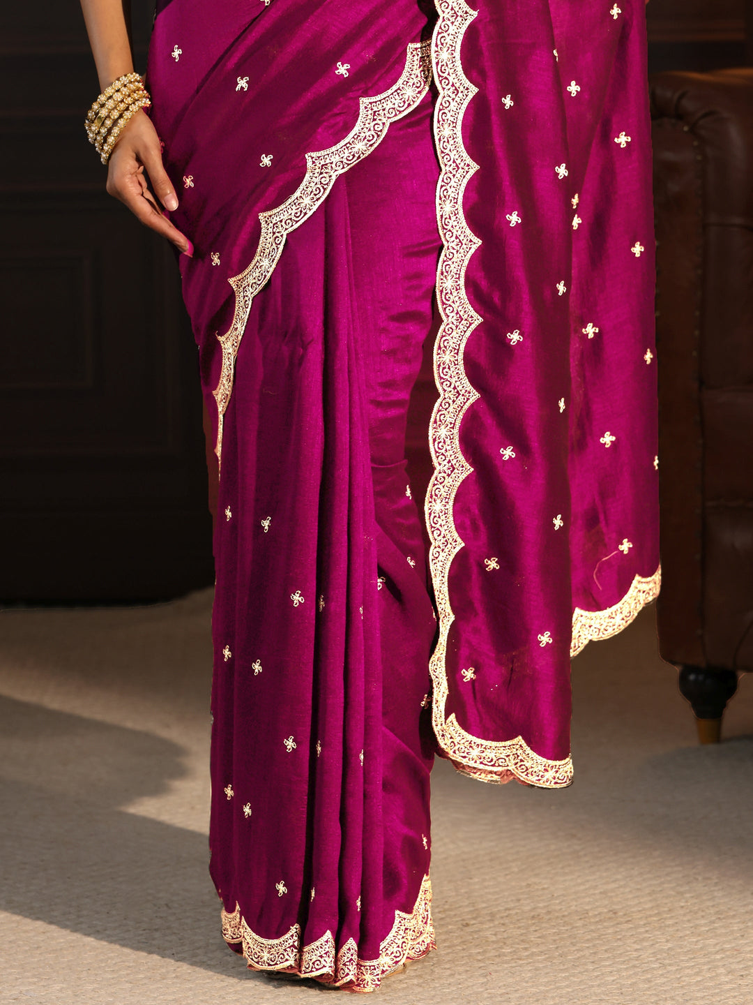 Libas Magenta Pink Embellished Scalloped Border Silk Blend Saree 