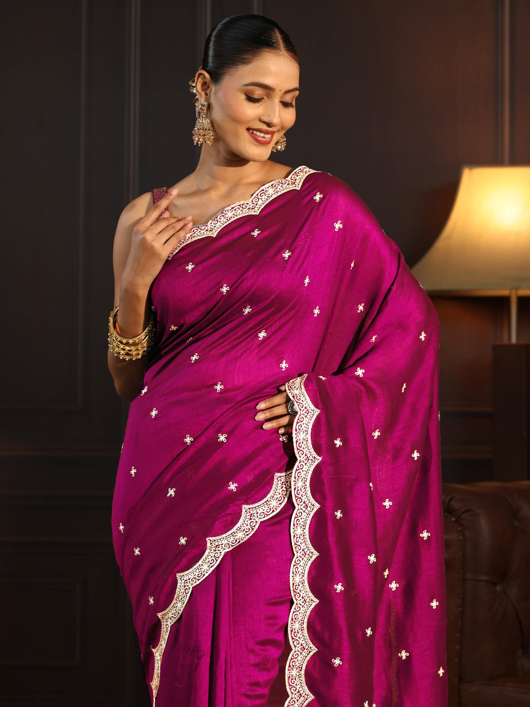  Libas Magenta Pink Embellished Scalloped Border Silk Blend Saree 