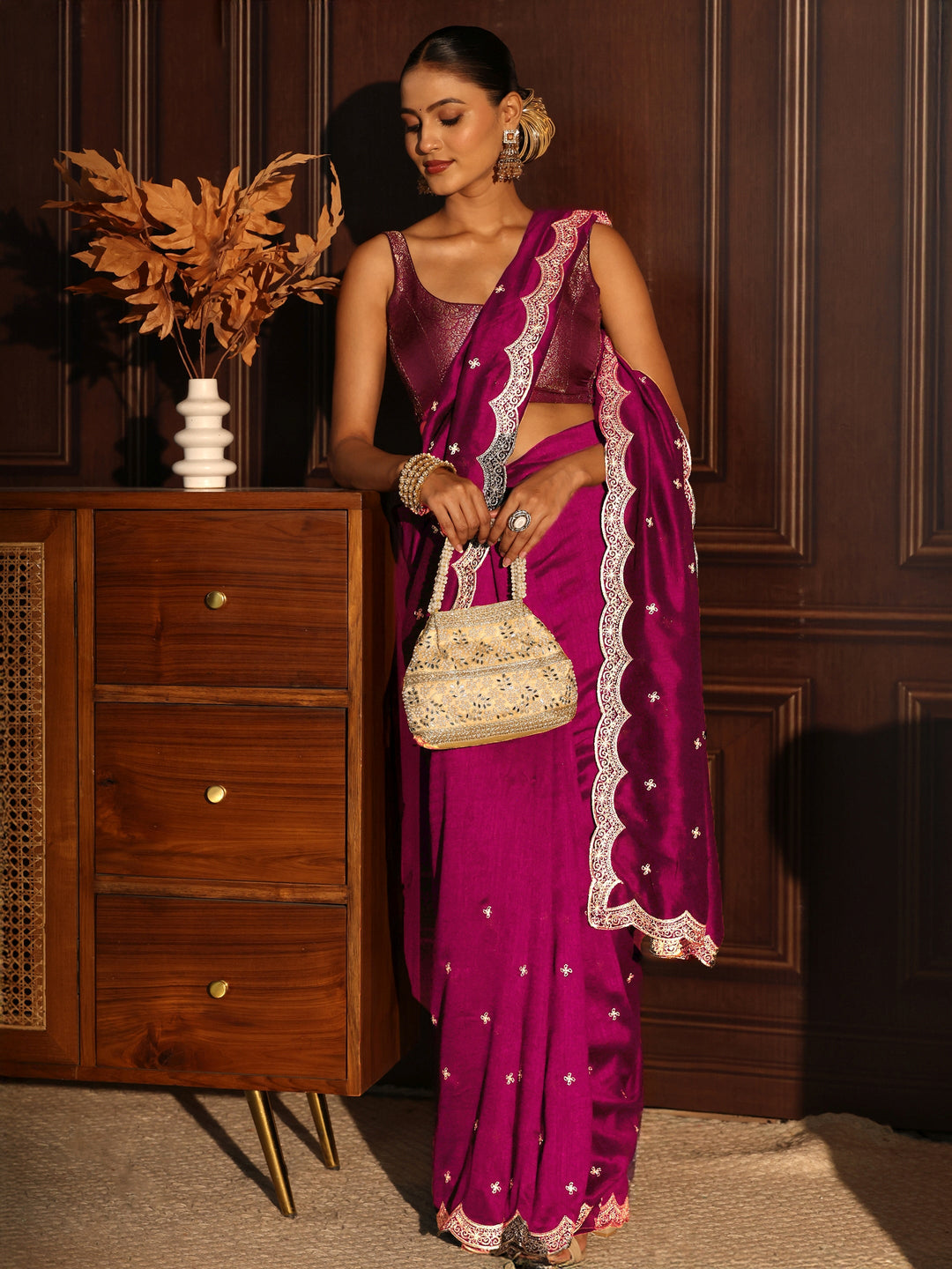  Libas Magenta Pink Embellished Scalloped Border Silk Blend Saree 