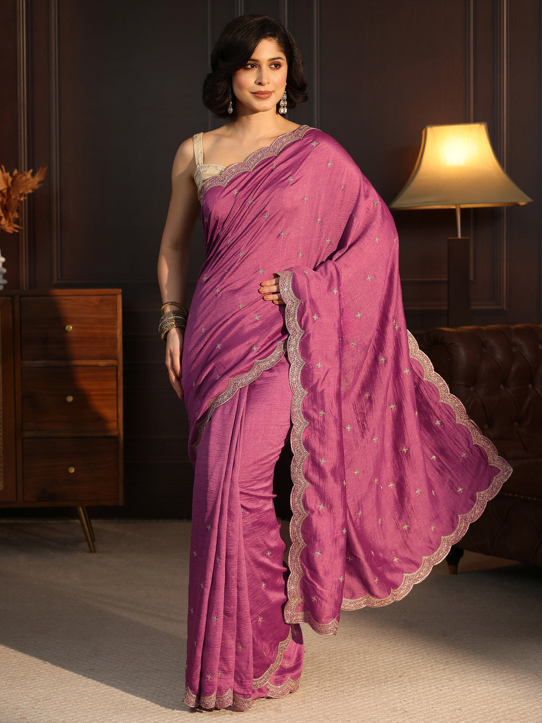  Libas Mauve Embellished Scalloped Border Silk Blend Saree 