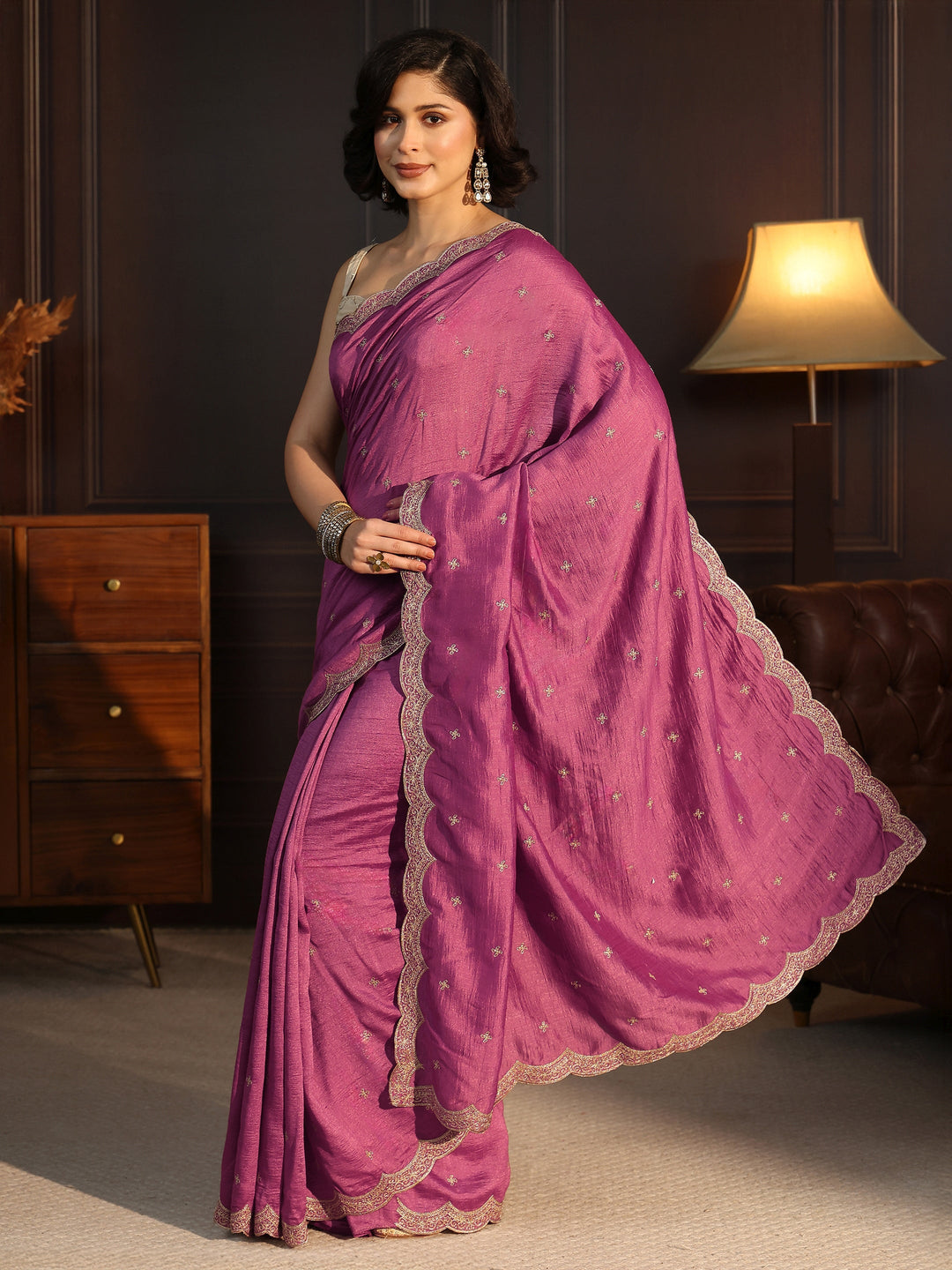  Libas Mauve Embellished Scalloped Border Silk Blend Saree 
