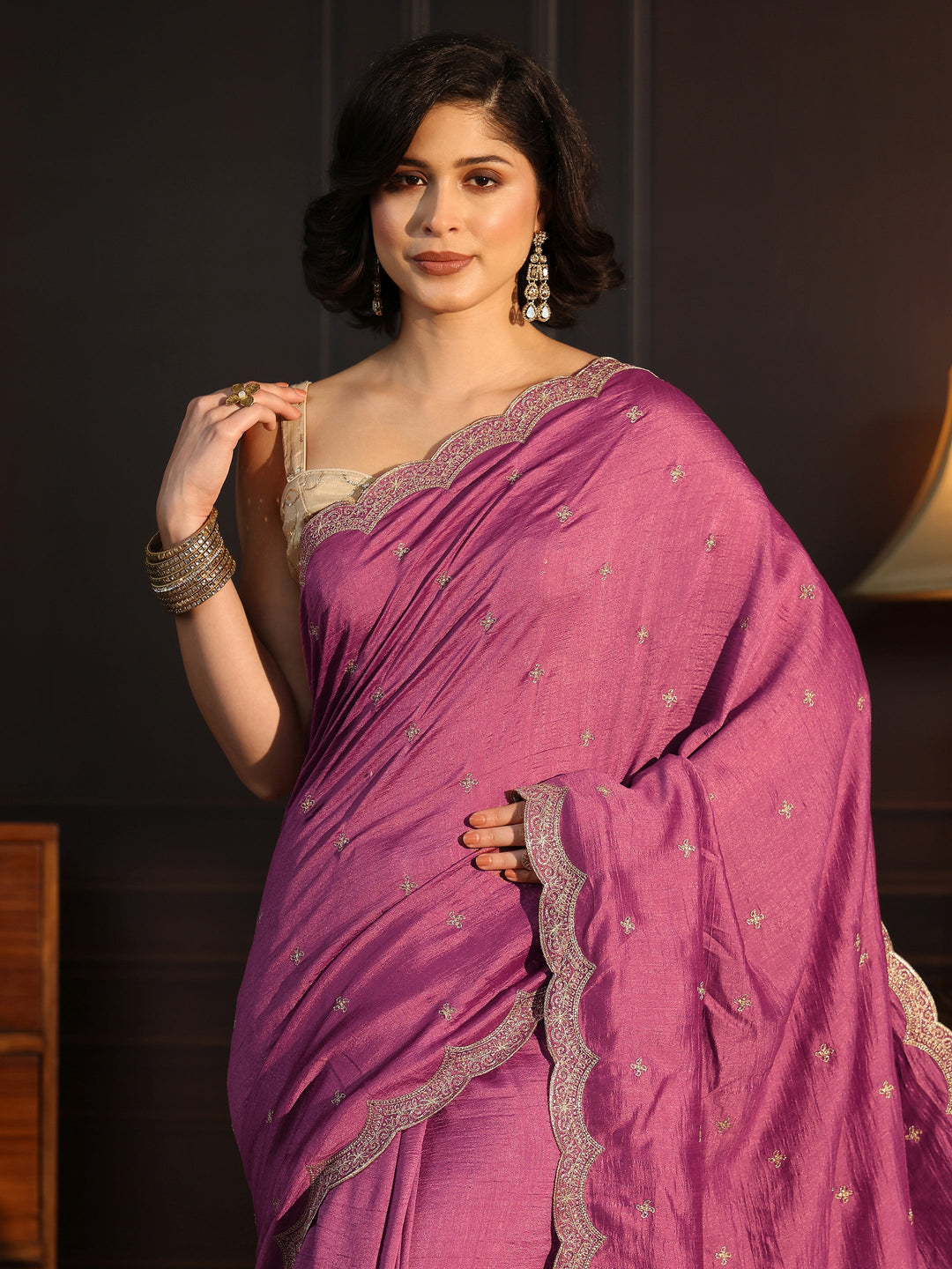  Libas Mauve Embellished Scalloped Border Silk Blend Saree 