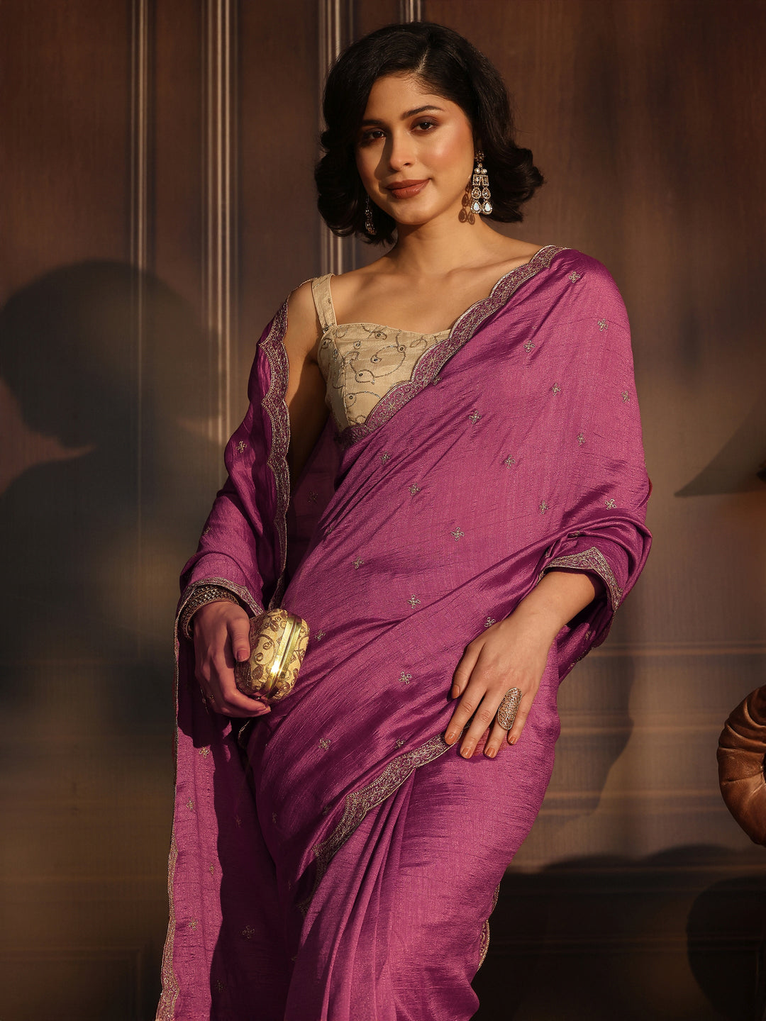  Libas Mauve Embellished Scalloped Border Silk Blend Saree 