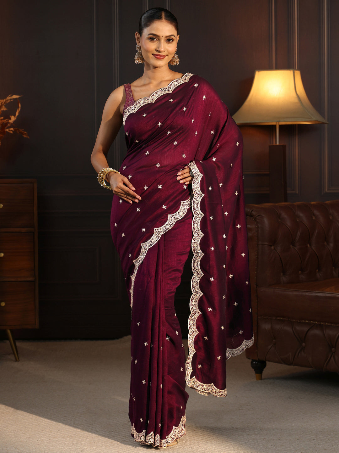  Libas Maroon Embellished Scalloped Border Silk Blend Saree 