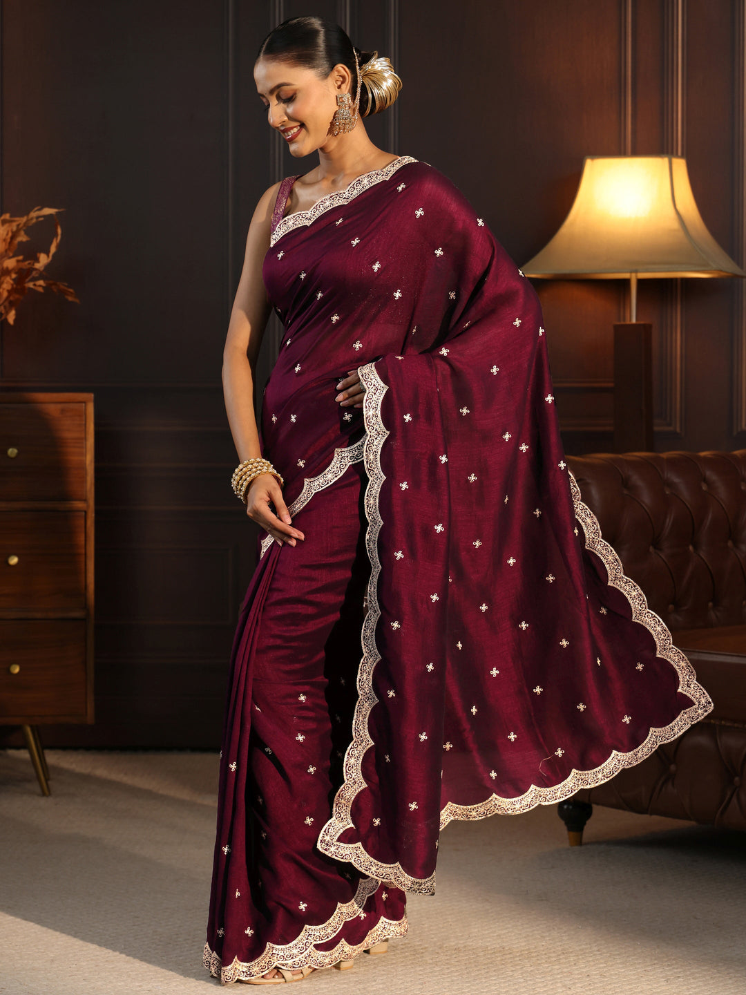  Libas Maroon Embellished Scalloped Border Silk Blend Saree 