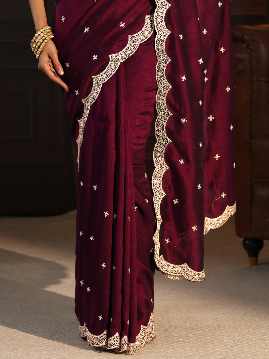  Libas Maroon Embellished Scalloped Border Silk Blend Saree 