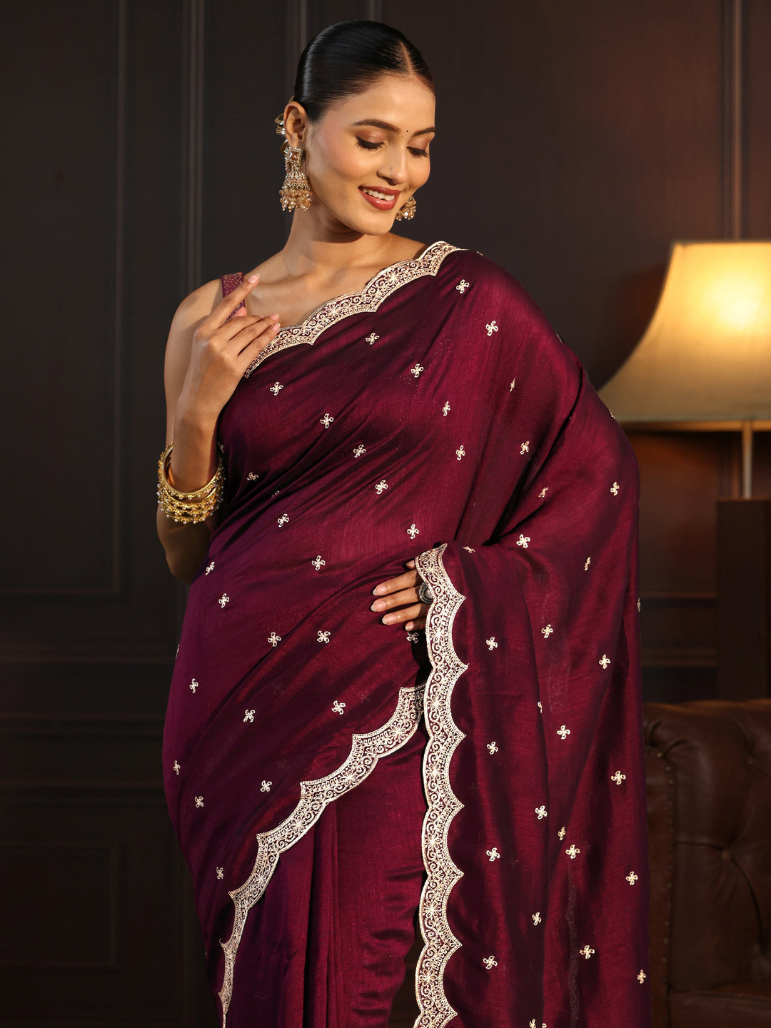  Libas Maroon Embellished Scalloped Border Silk Blend Saree 