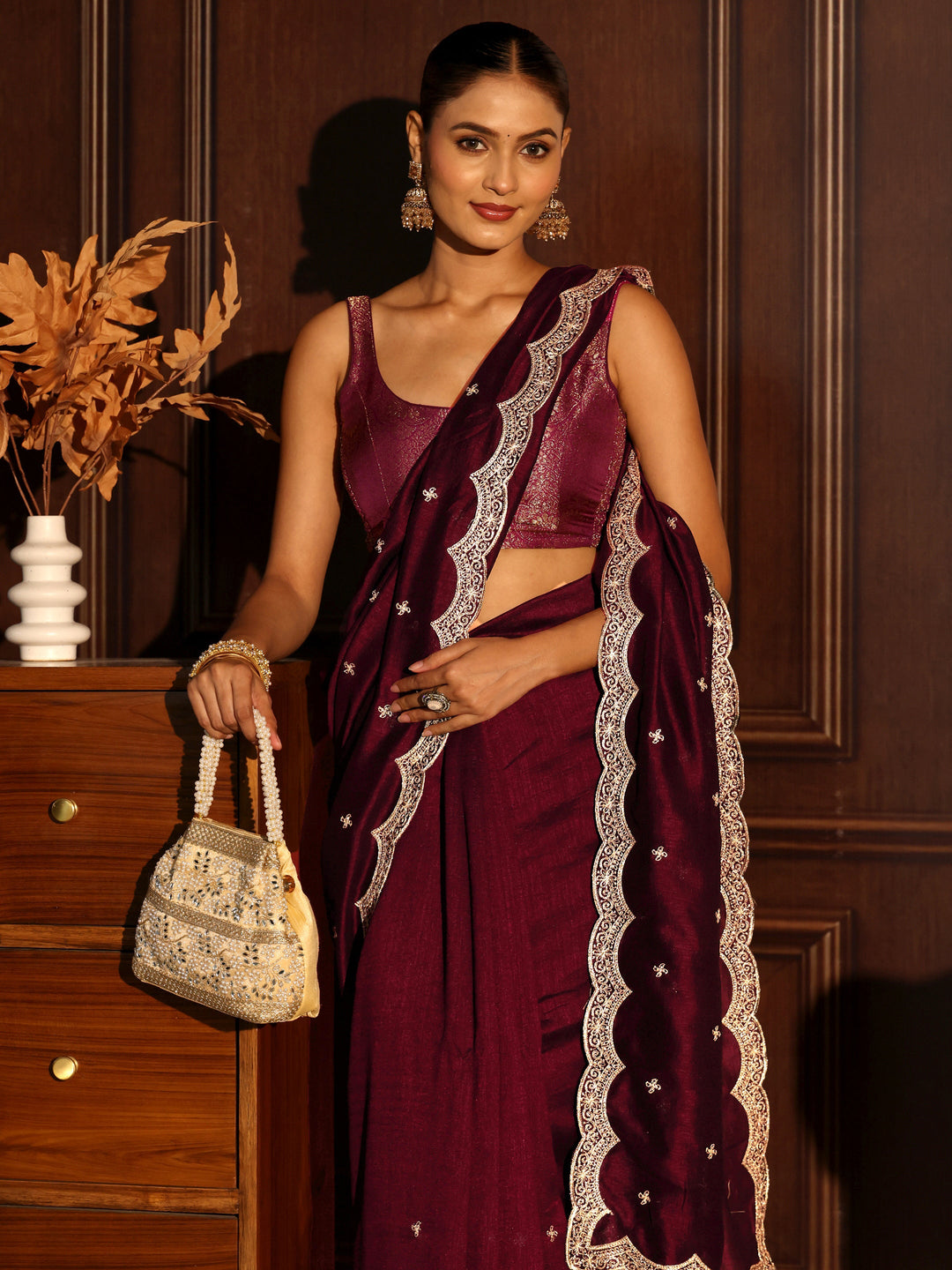  Libas Maroon Embellished Scalloped Border Silk Blend Saree 