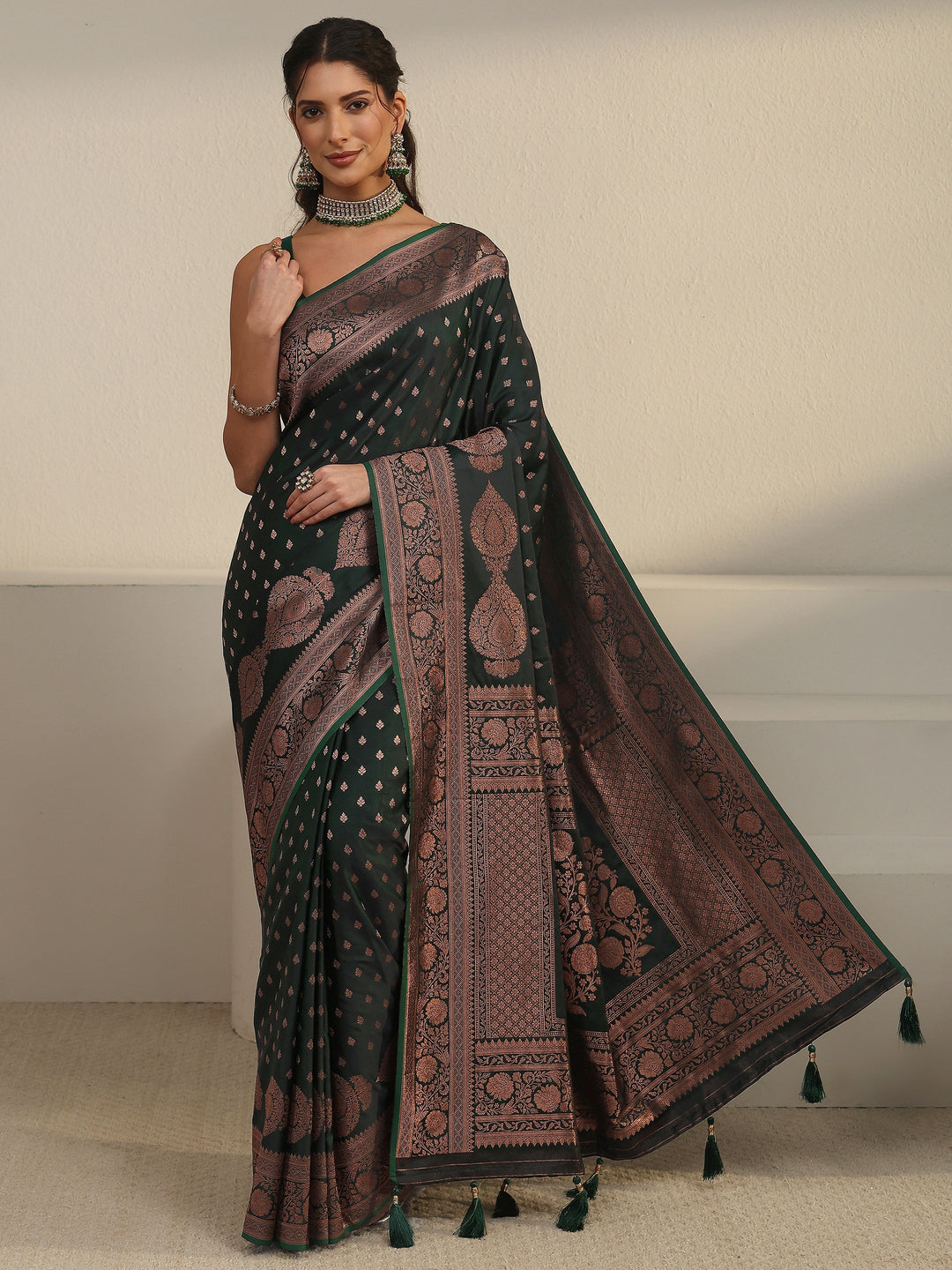  Libas Jungle Green Banarasi Satin Saree 
