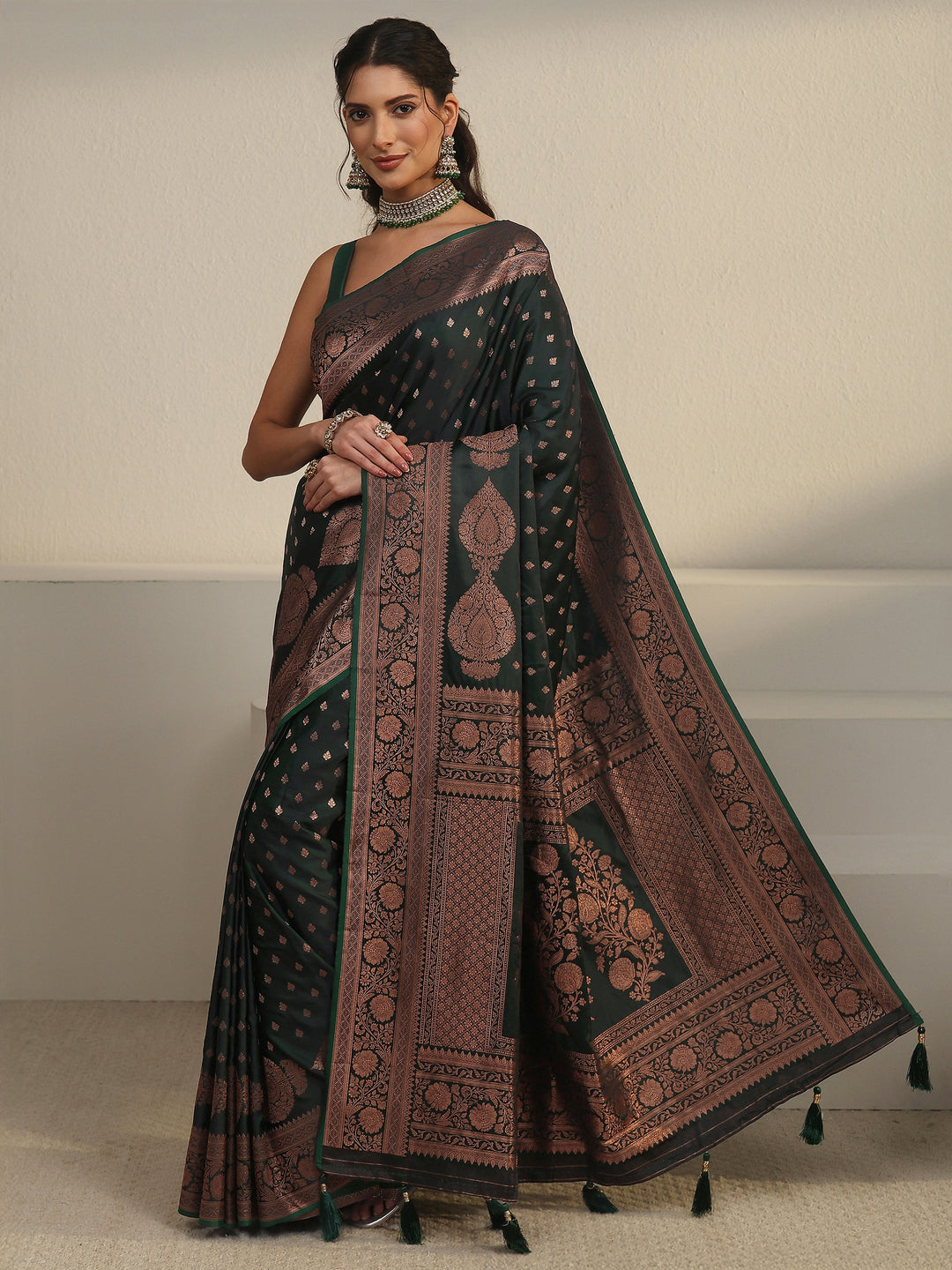  Libas Jungle Green Banarasi Satin Saree 