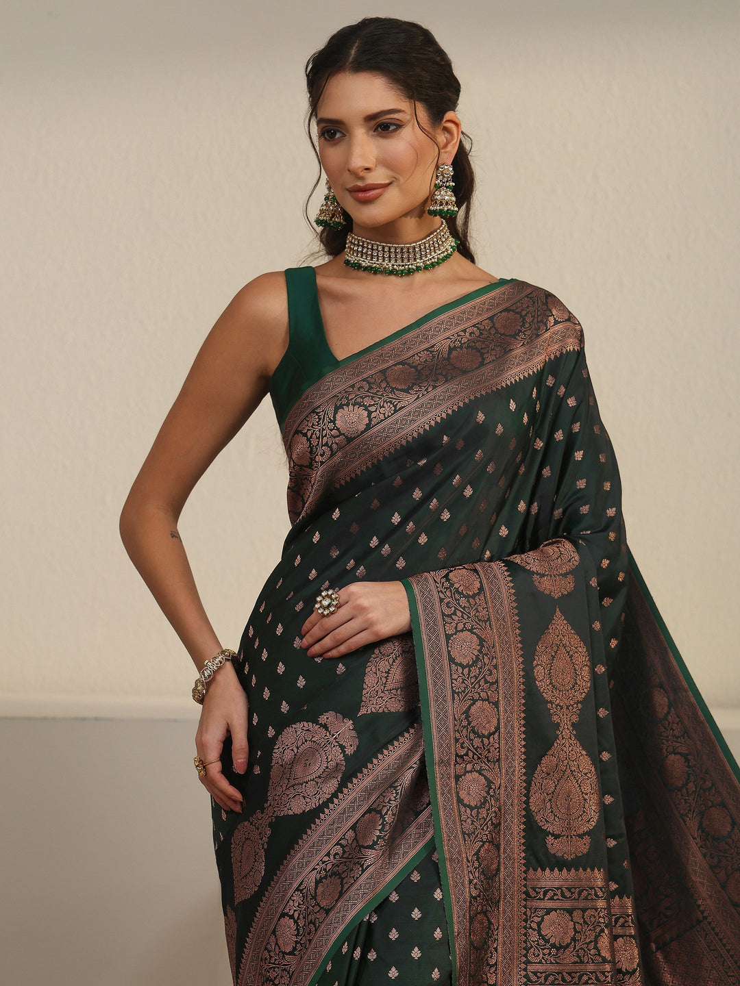  Libas Jungle Green Banarasi Satin Saree 