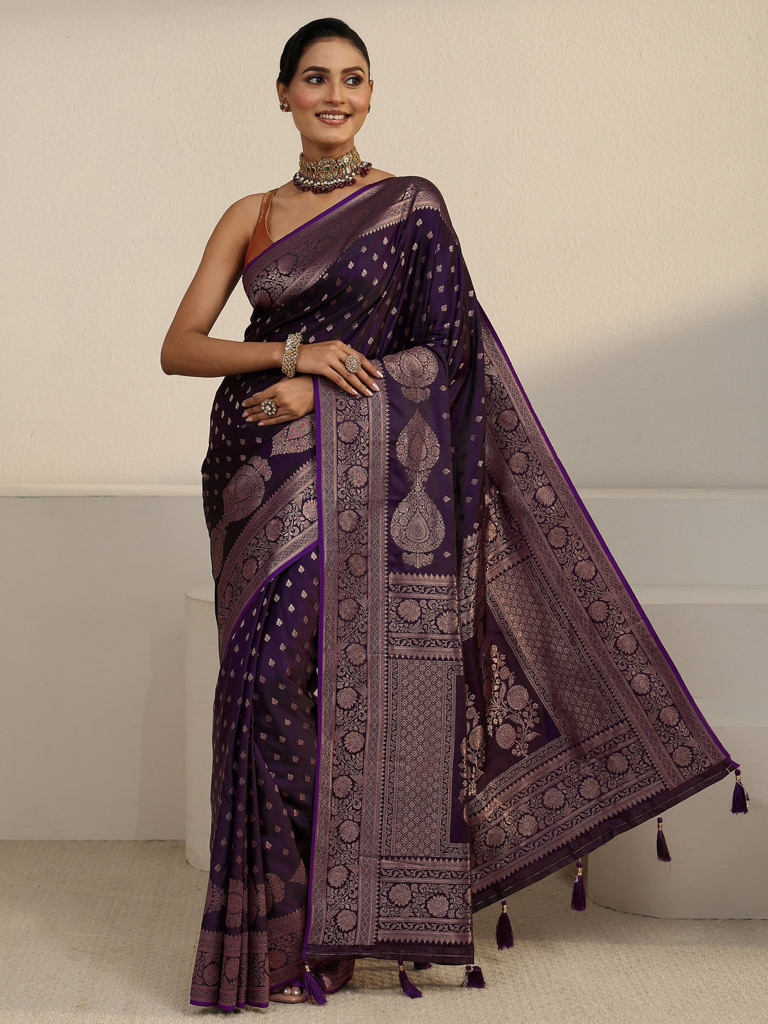  Libas Aubergine Purple Floral Woven Design Satin Tassel Saree 