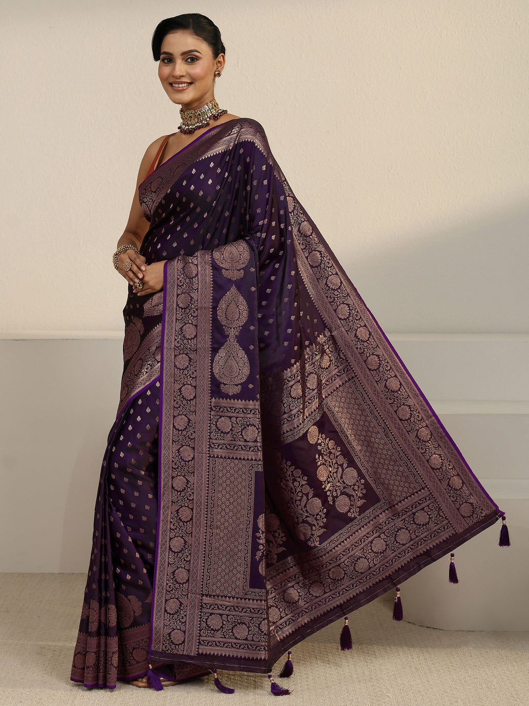  Libas Aubergine Purple Floral Woven Design Satin Tassel Saree 