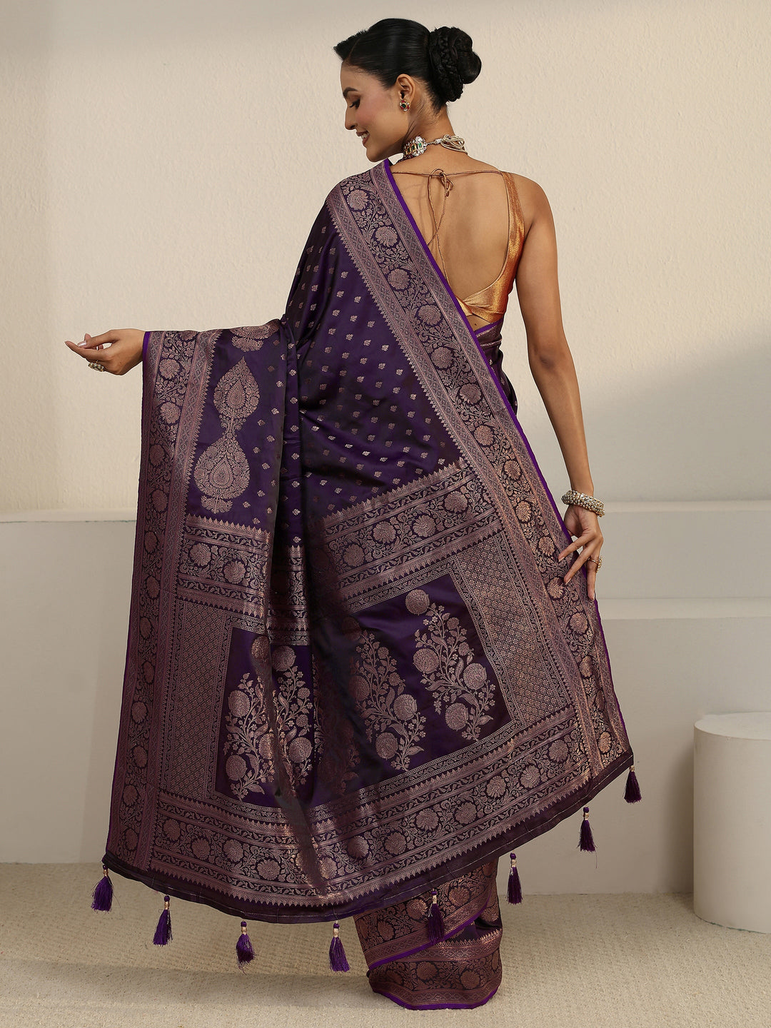  Libas Aubergine Purple Floral Woven Design Satin Tassel Saree 