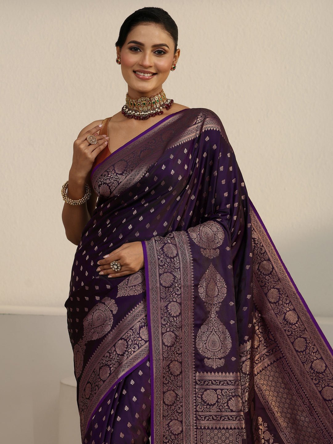  Libas Aubergine Purple Floral Woven Design Satin Tassel Saree 