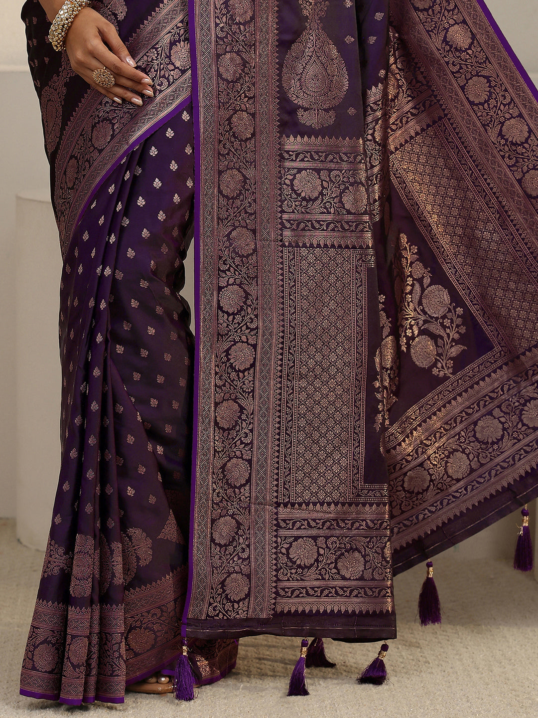  Libas Aubergine Purple Floral Woven Design Satin Tassel Saree 