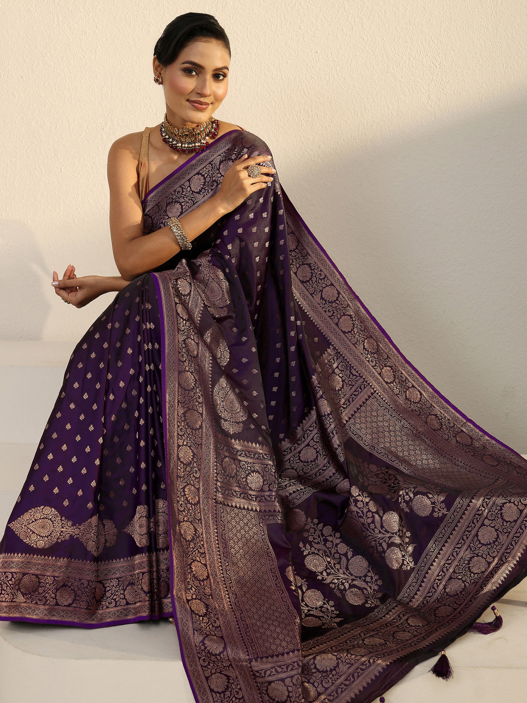  Libas Aubergine Purple Floral Woven Design Satin Tassel Saree 